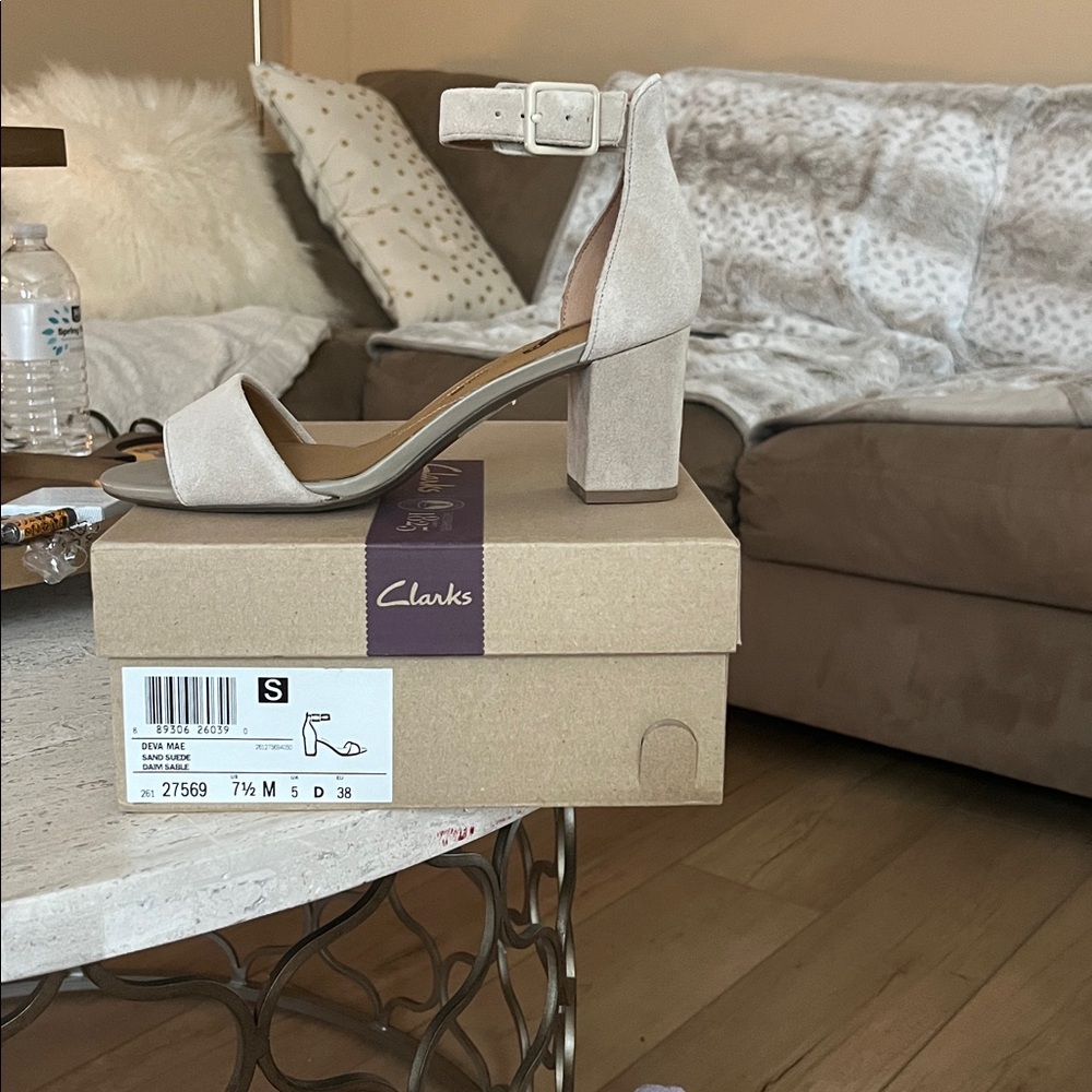 Clarks Light Beige Suede Heeled Sandals